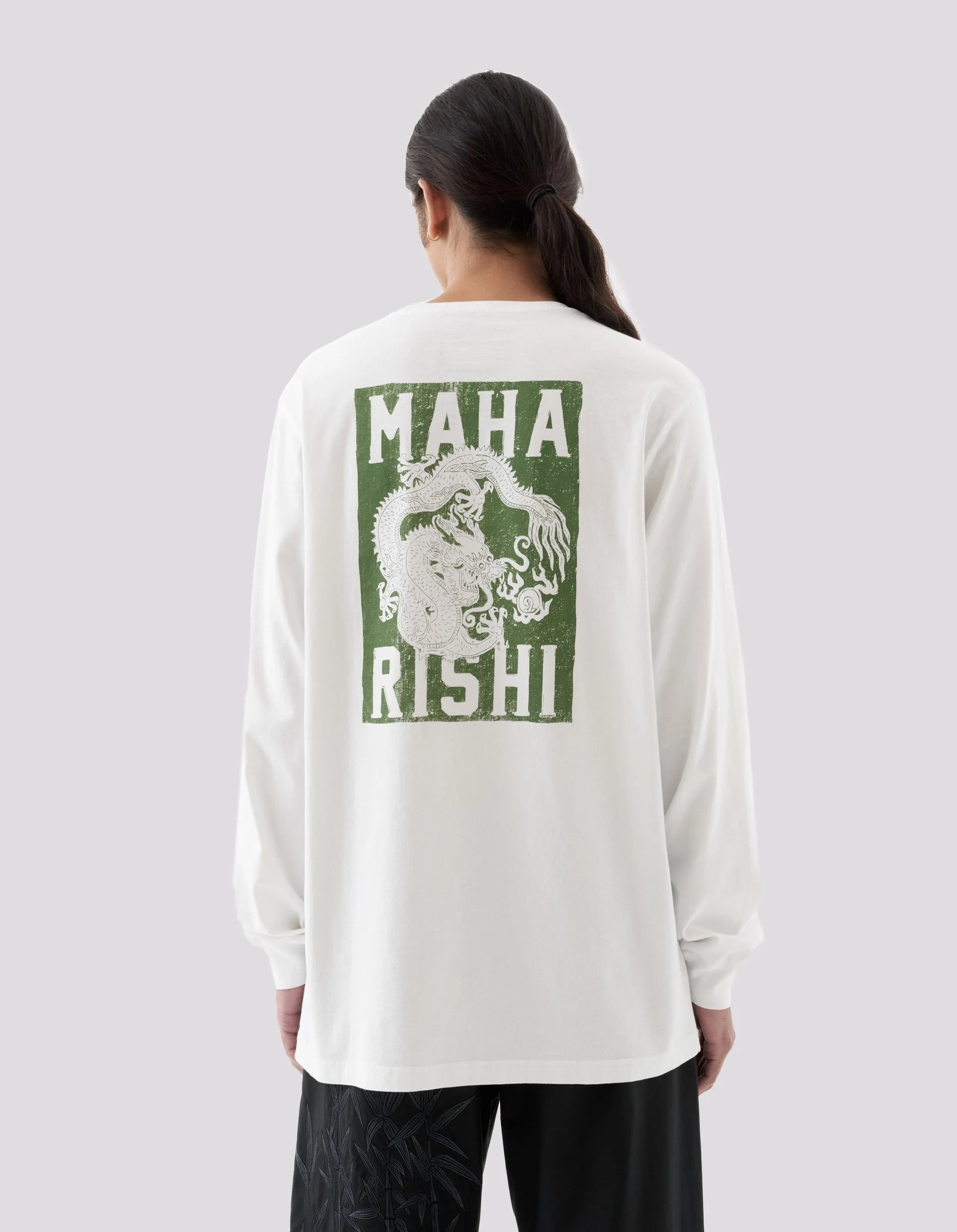 1277 Woodblock Dragon L/S T-Shirt White