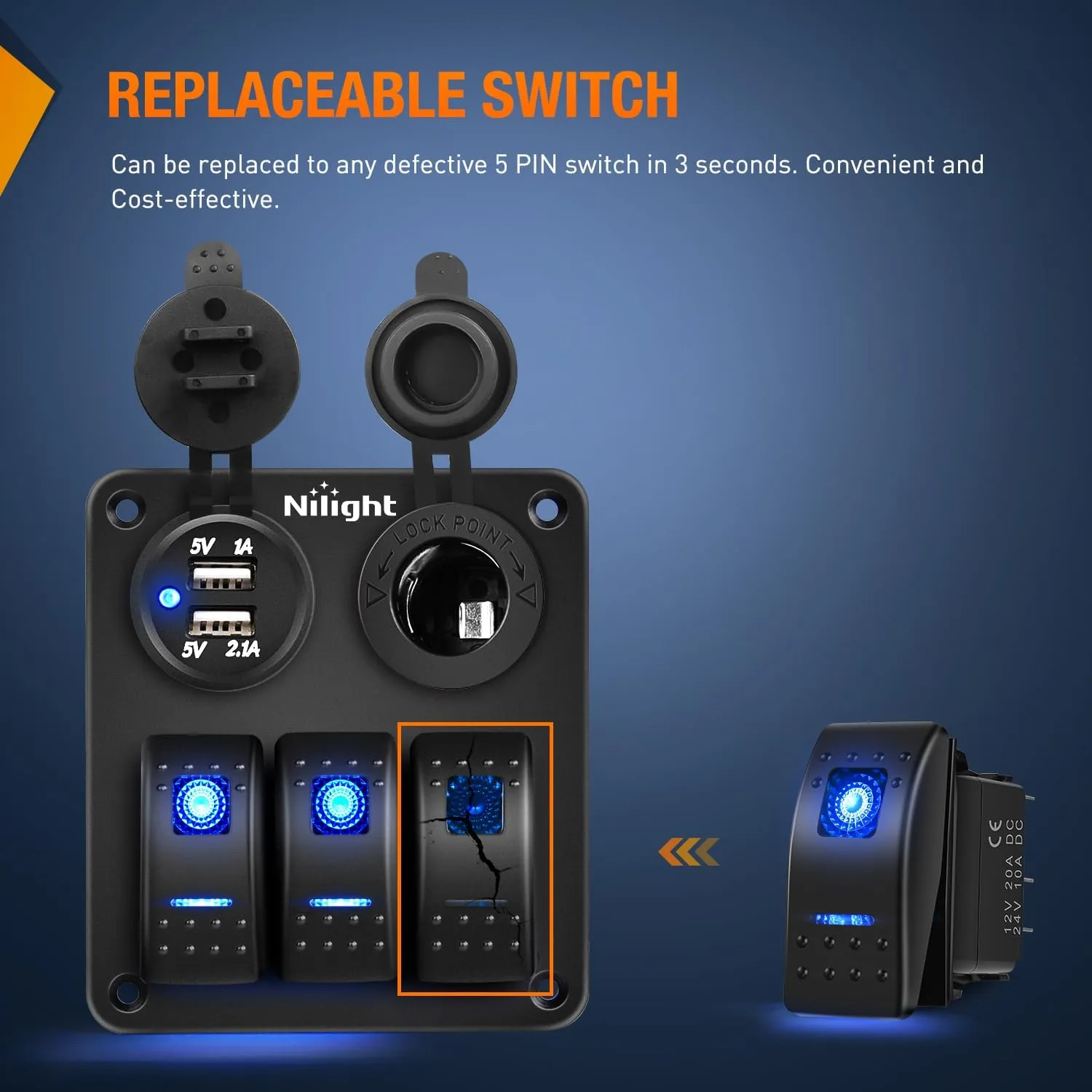 3Pcs 5Pin SPST On/Off Rocker Switch Blue