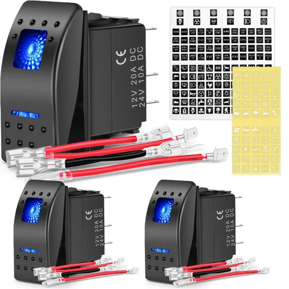 3Pcs 5Pin SPST On/Off Rocker Switch Blue