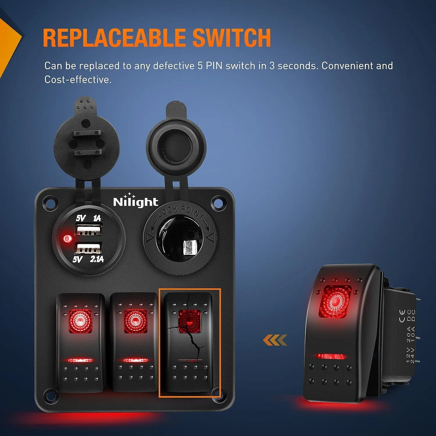 3Pcs 5Pin SPST On/Off Rocker Switch Red