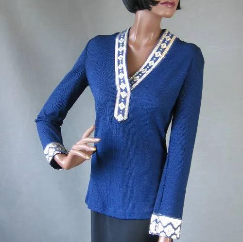 60 Tina Leser Top Vintage Bohemian Knit 70s Shirt Silver Accents Small VFG