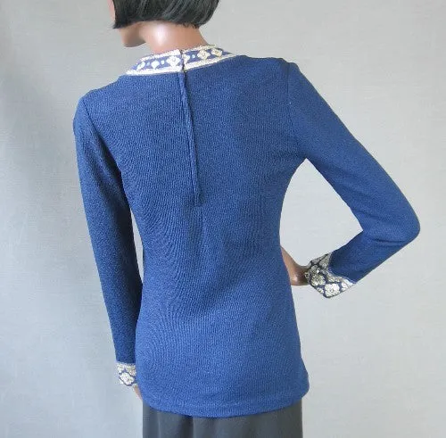 60 Tina Leser Top Vintage Bohemian Knit 70s Shirt Silver Accents Small VFG