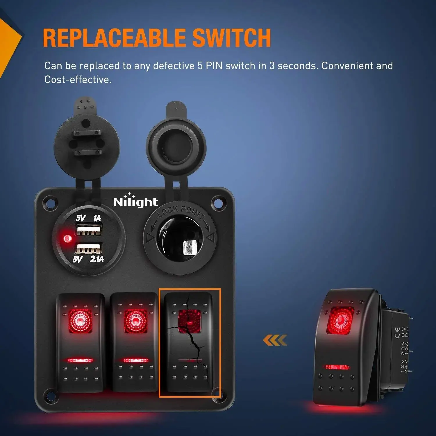 6Pcs 5Pin SPST On/Off Rocker Switch Red