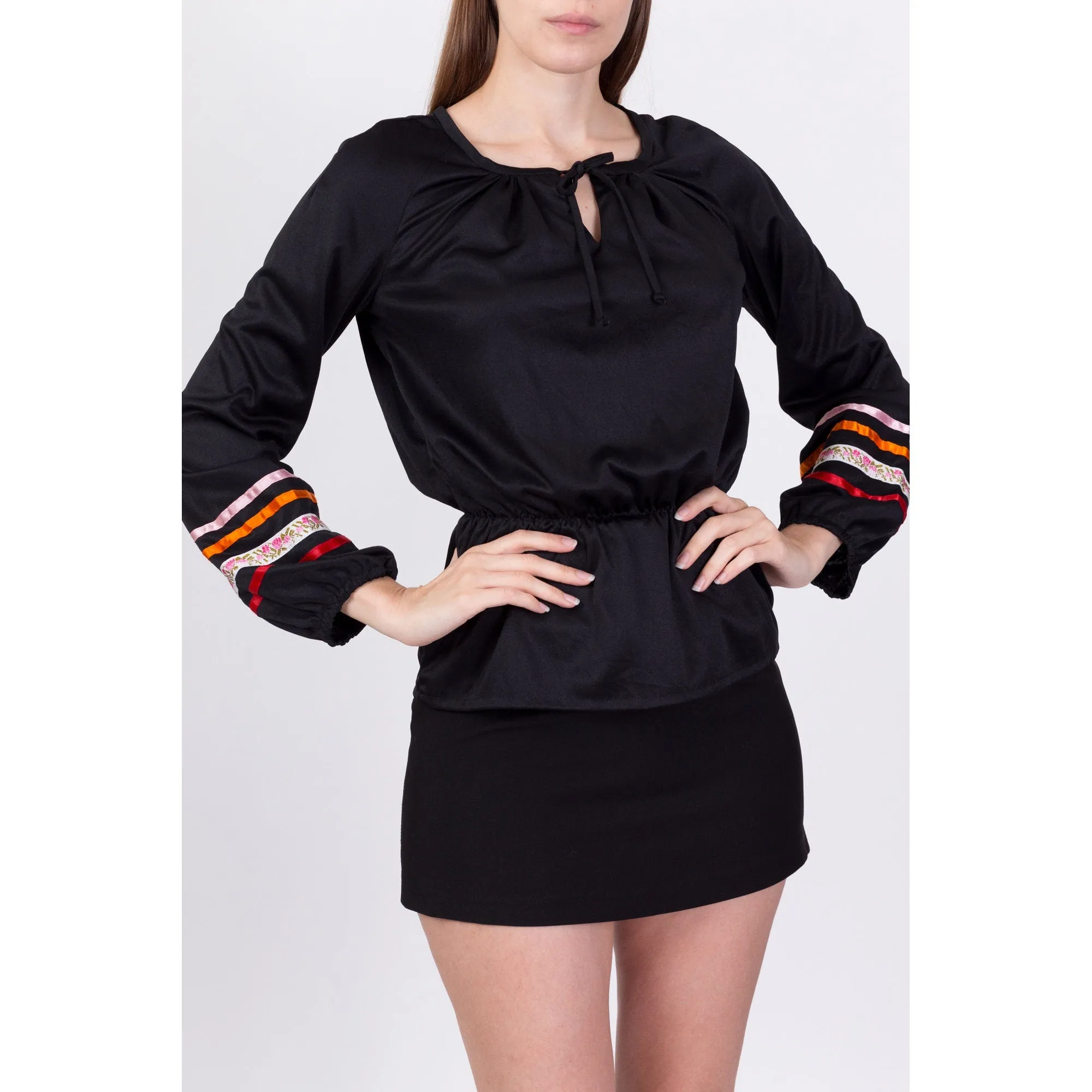 70s Boho Black Fitted Waist Top - Small to Medium