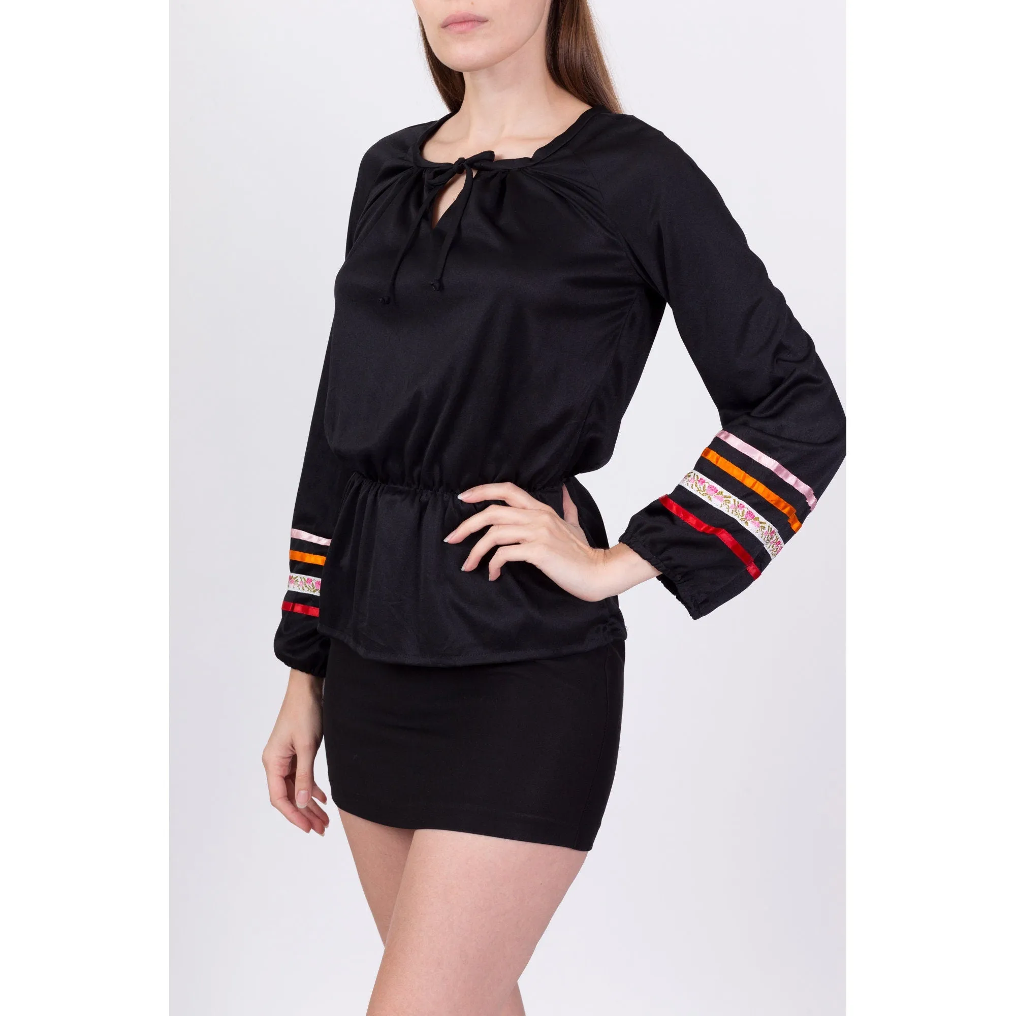70s Boho Black Fitted Waist Top - Small to Medium