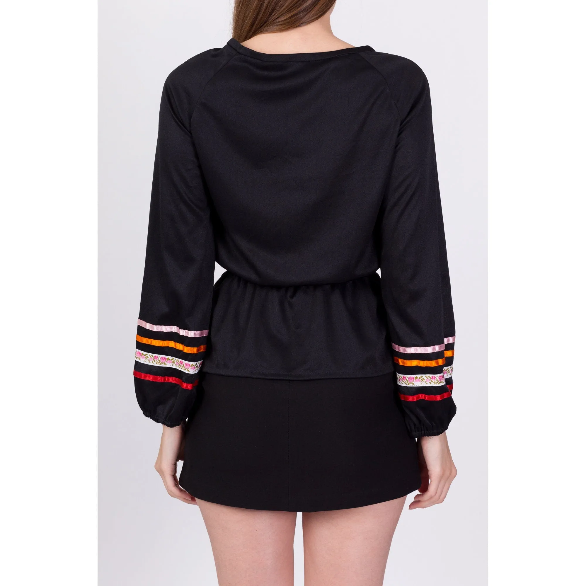 70s Boho Black Fitted Waist Top - Small to Medium