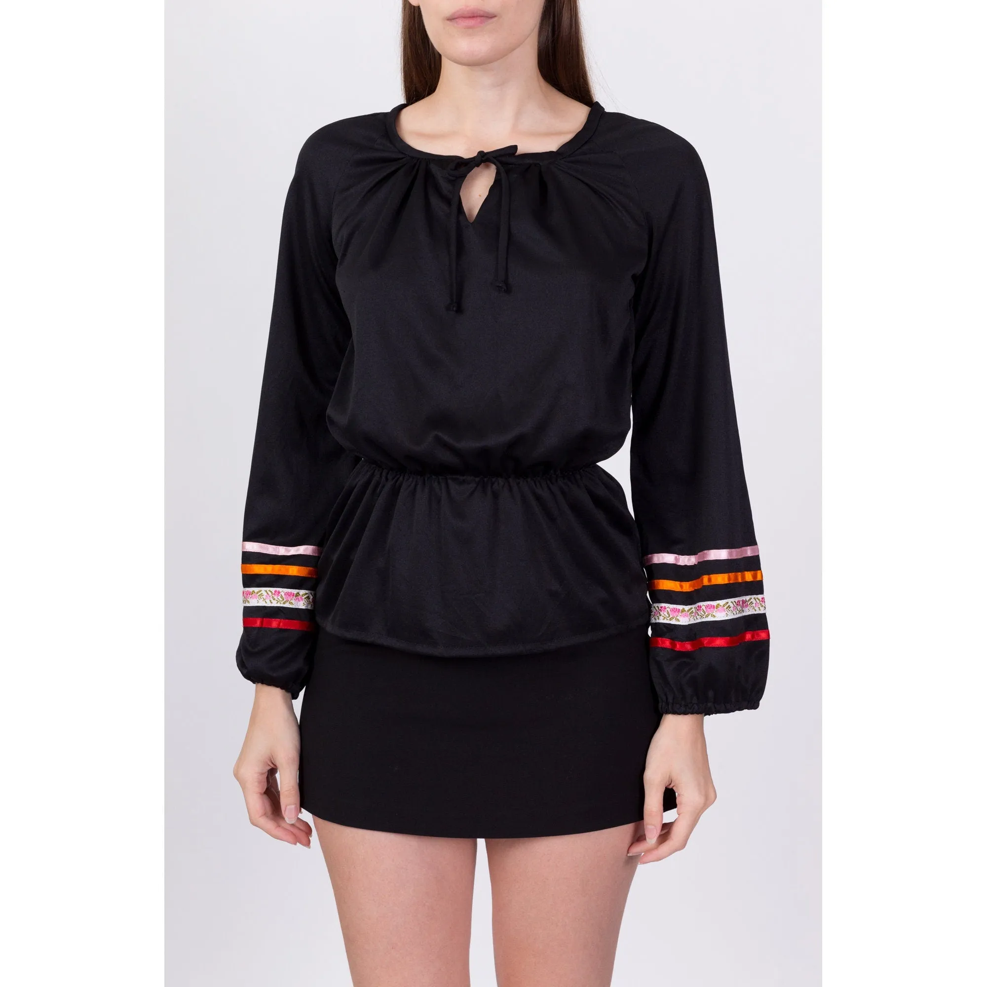 70s Boho Black Fitted Waist Top - Small to Medium