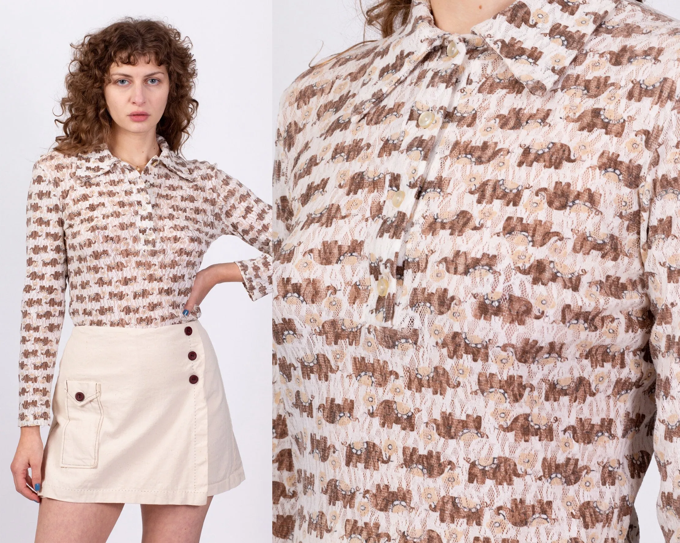70s Elephant Novelty Print Button Up Top - Medium