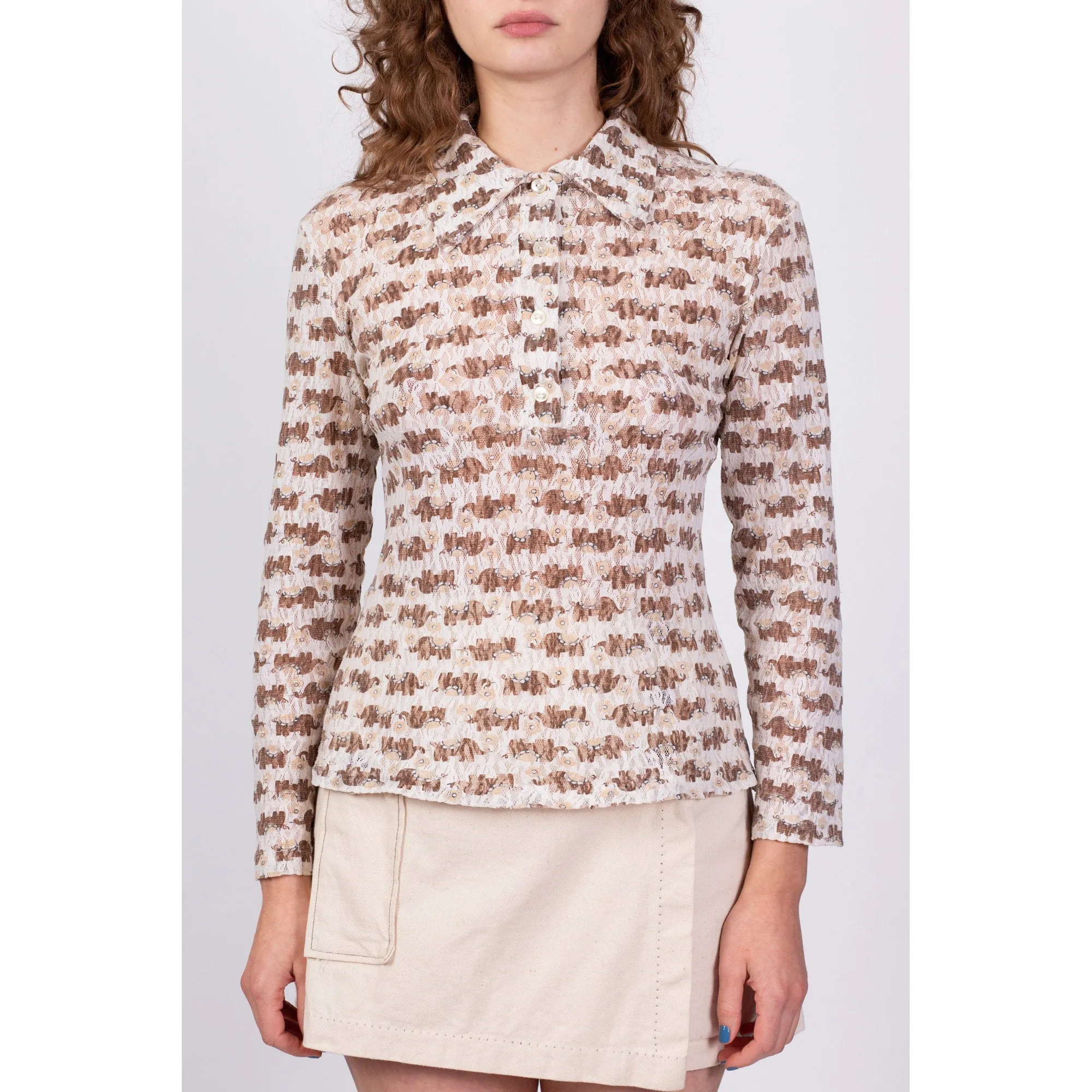 70s Elephant Novelty Print Button Up Top - Medium