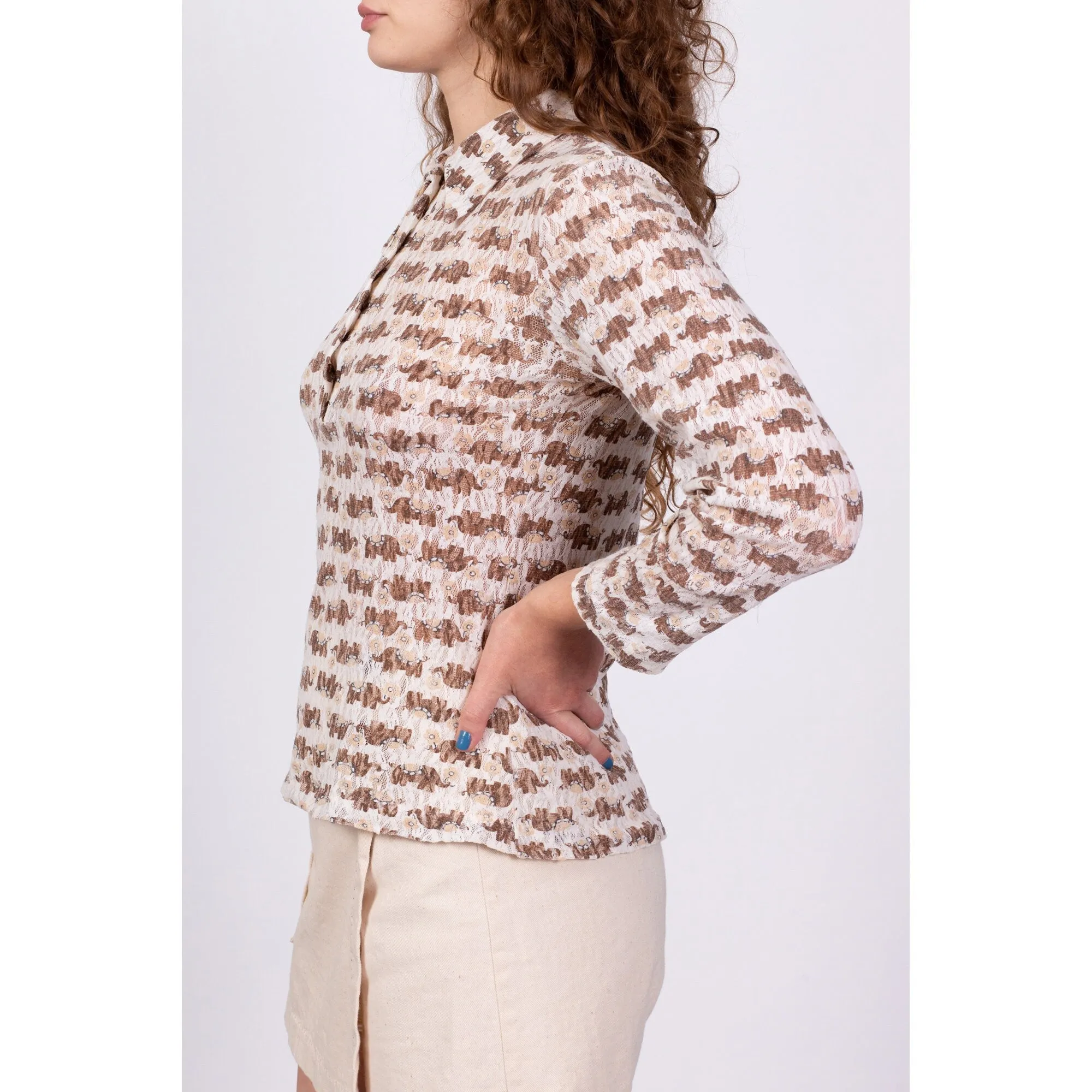 70s Elephant Novelty Print Button Up Top - Medium