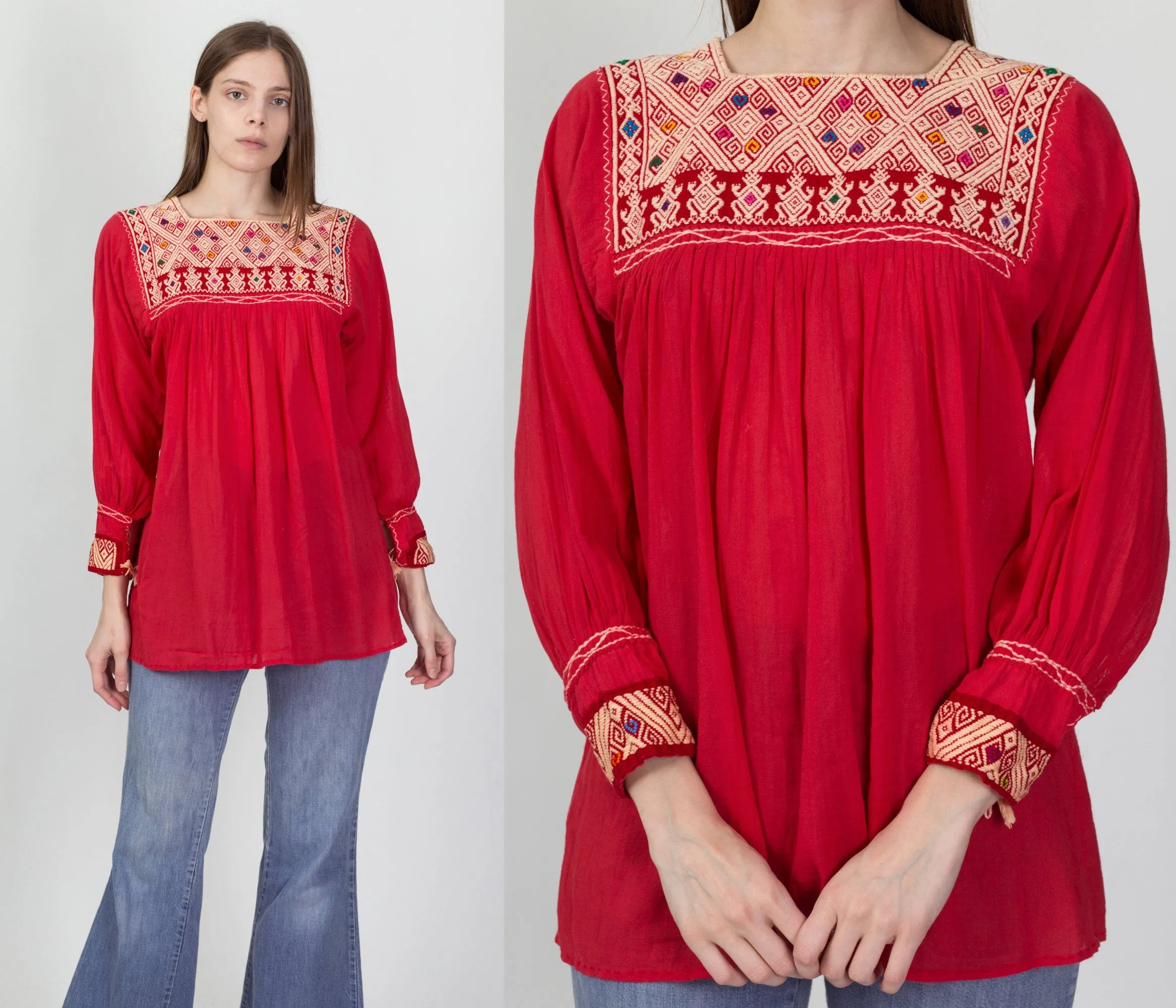 70s Embroidered Balkan Folk Blouse - Small to Medium