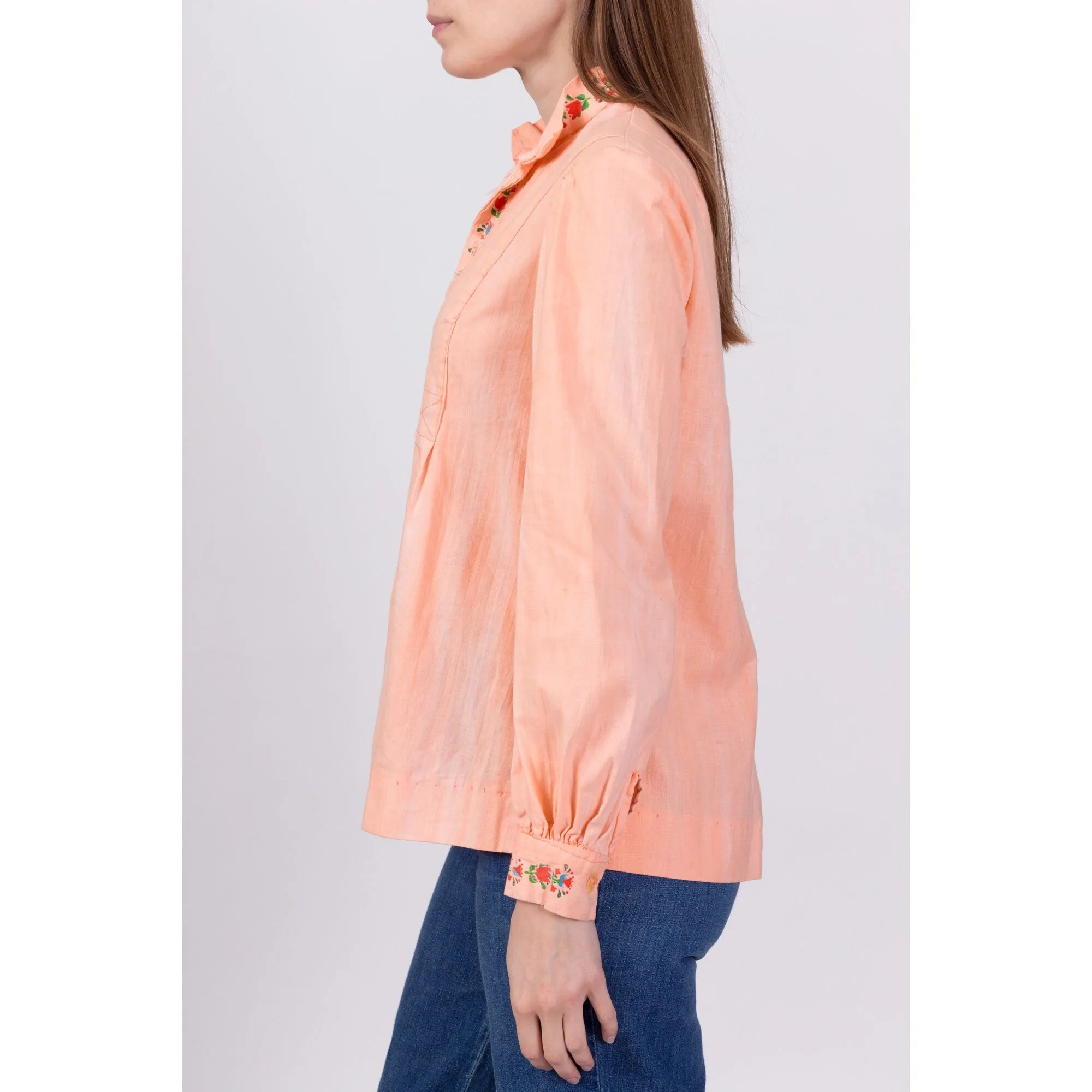70s Peach Floral Hippie Tunic Top - Medium