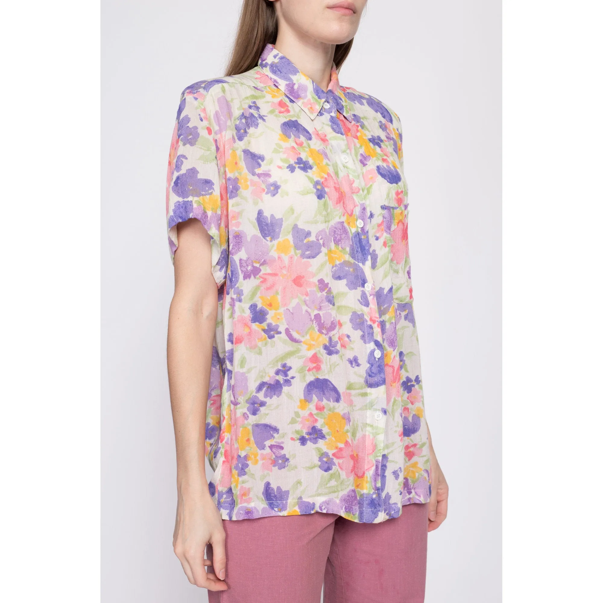 80s 90s Watercolor Floral Button Up Shirt - Small
