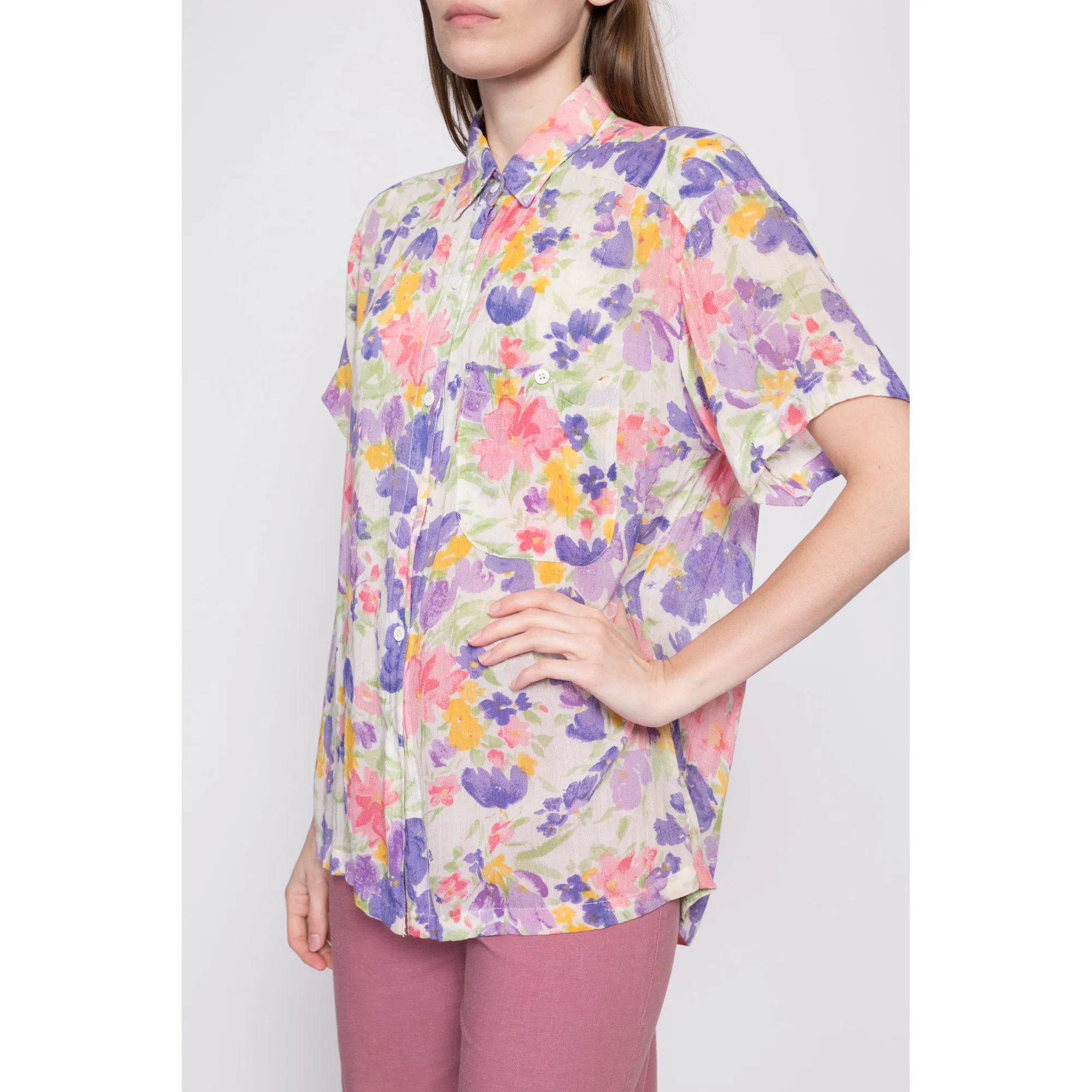 80s 90s Watercolor Floral Button Up Shirt - Small