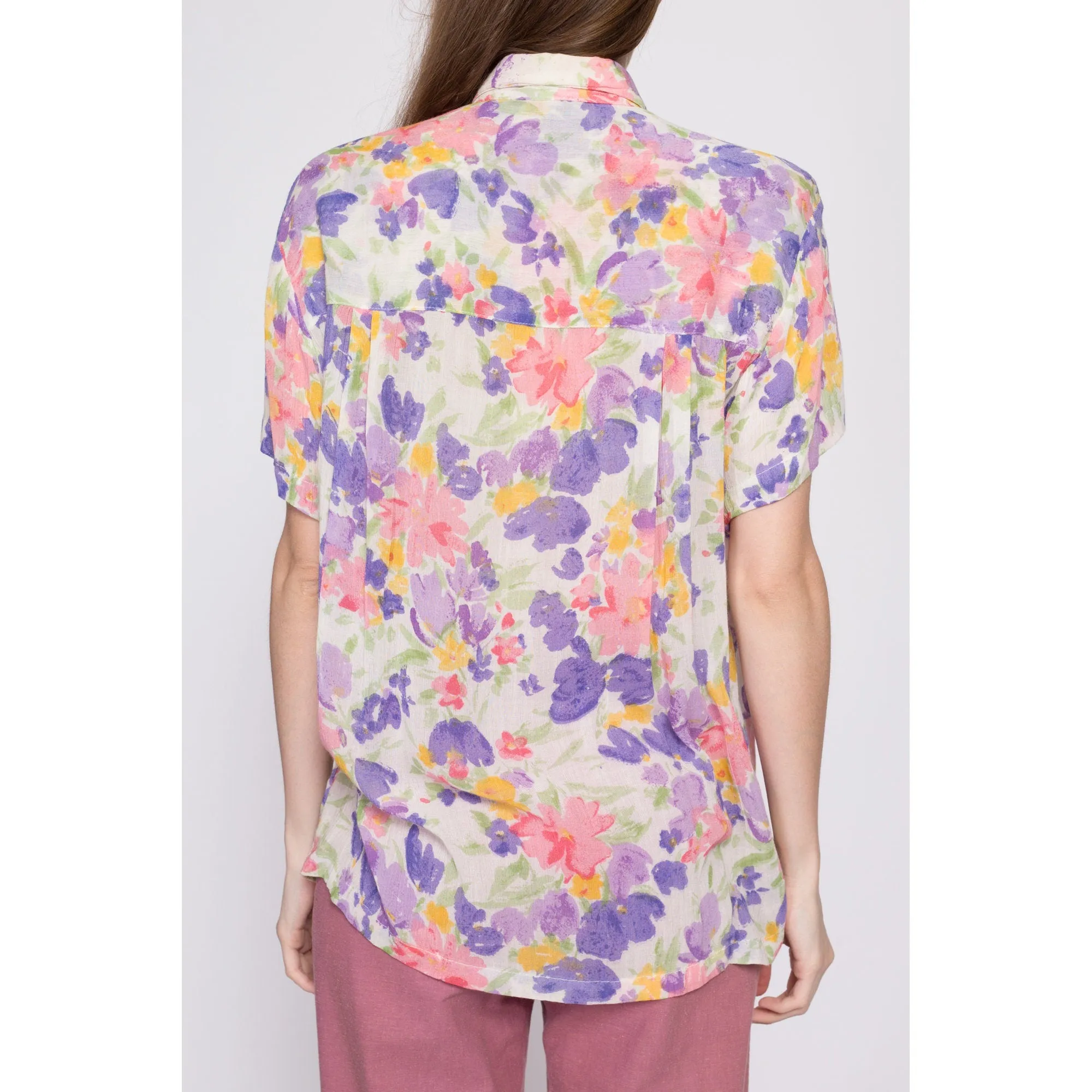 80s 90s Watercolor Floral Button Up Shirt - Small