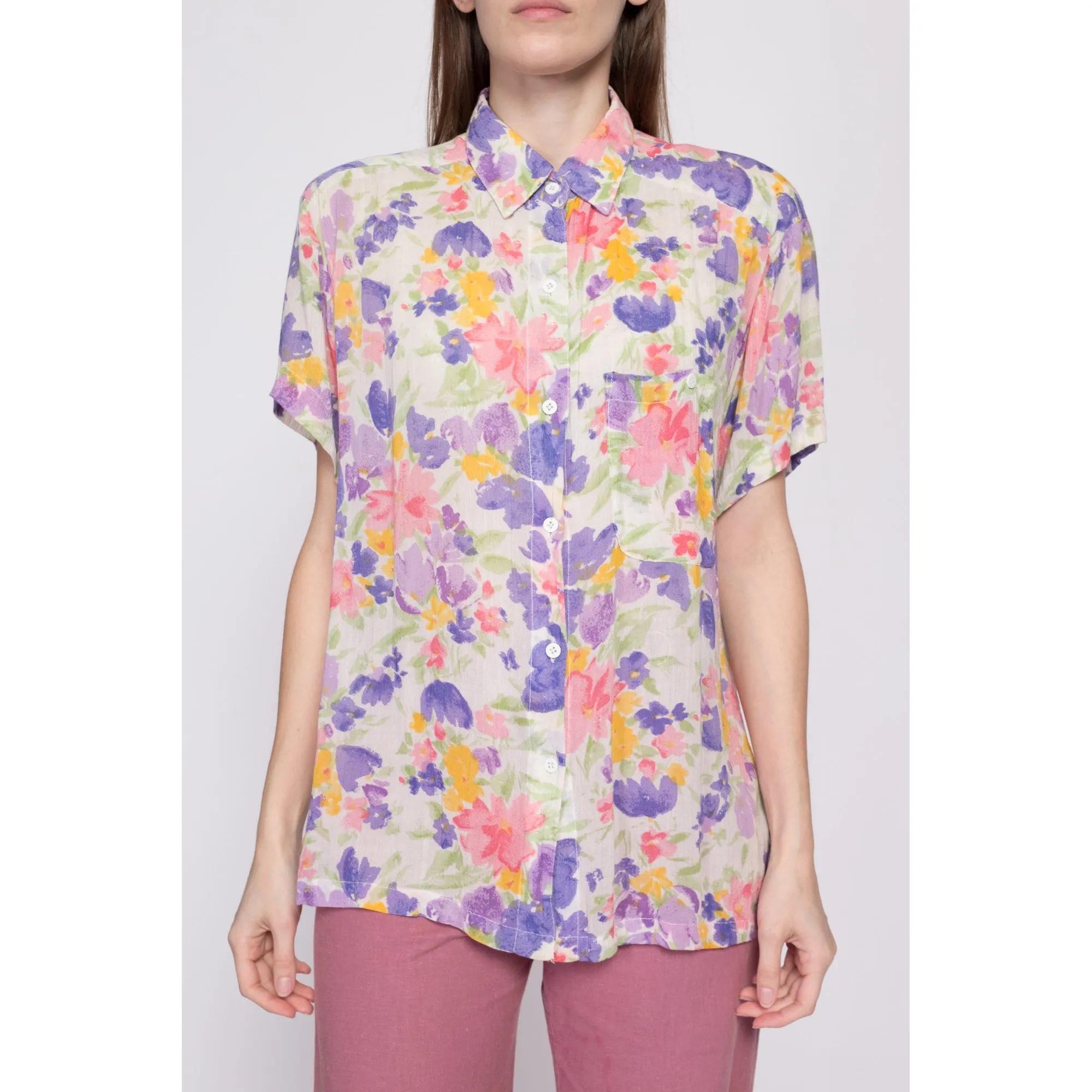 80s 90s Watercolor Floral Button Up Shirt - Small