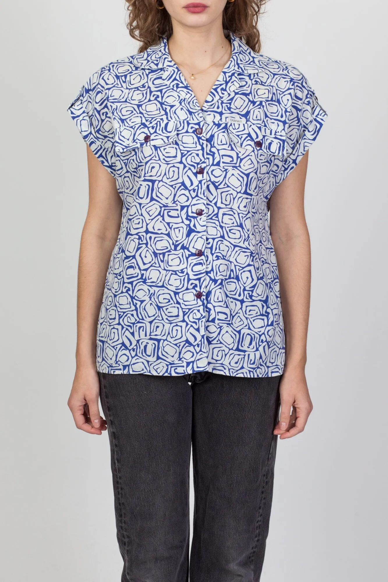80s Blue & White Abstract Cap Sleeve Shirt - Medium