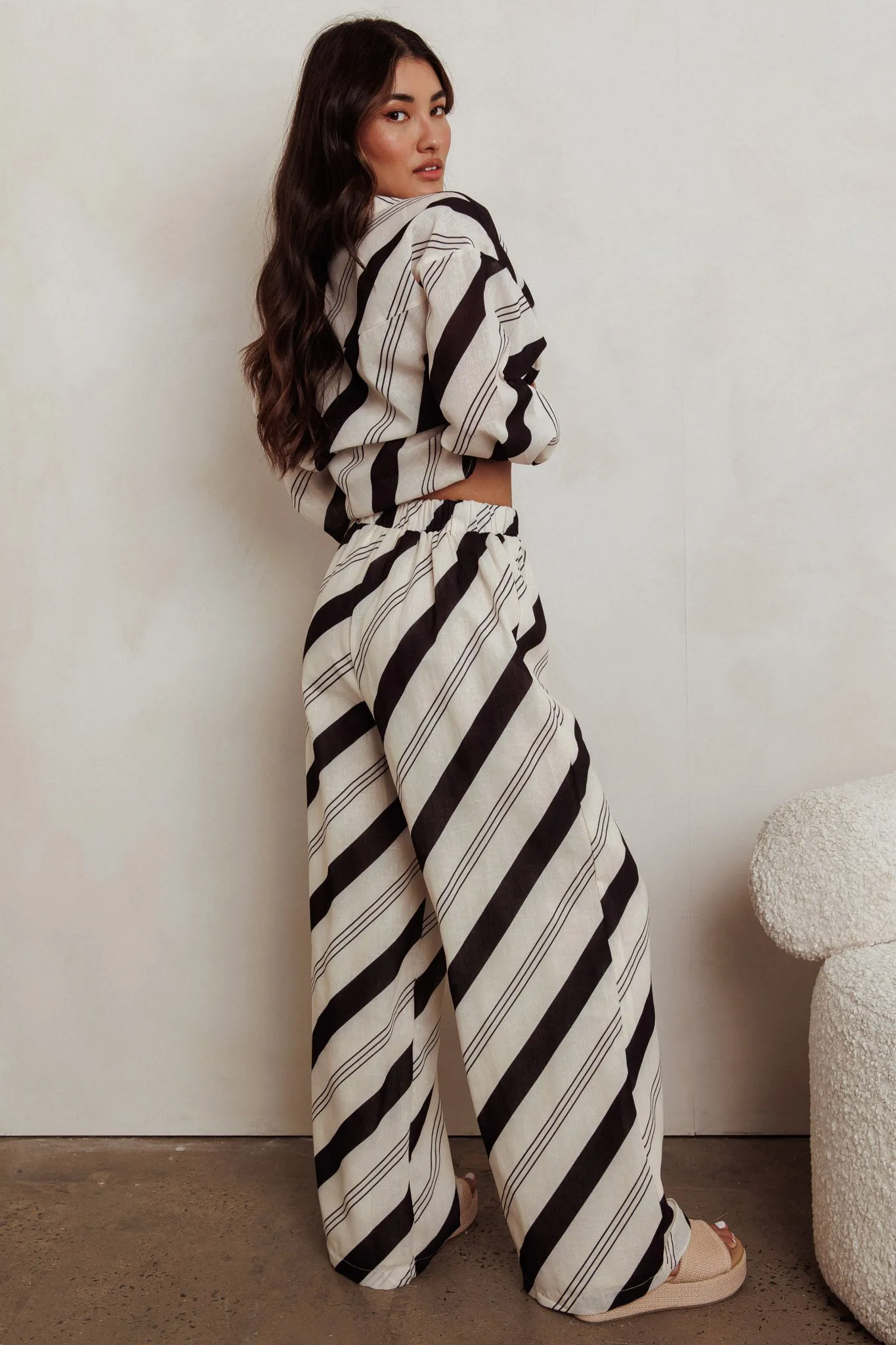 Alex Elastic Waist Striped Print Pant Black Cream