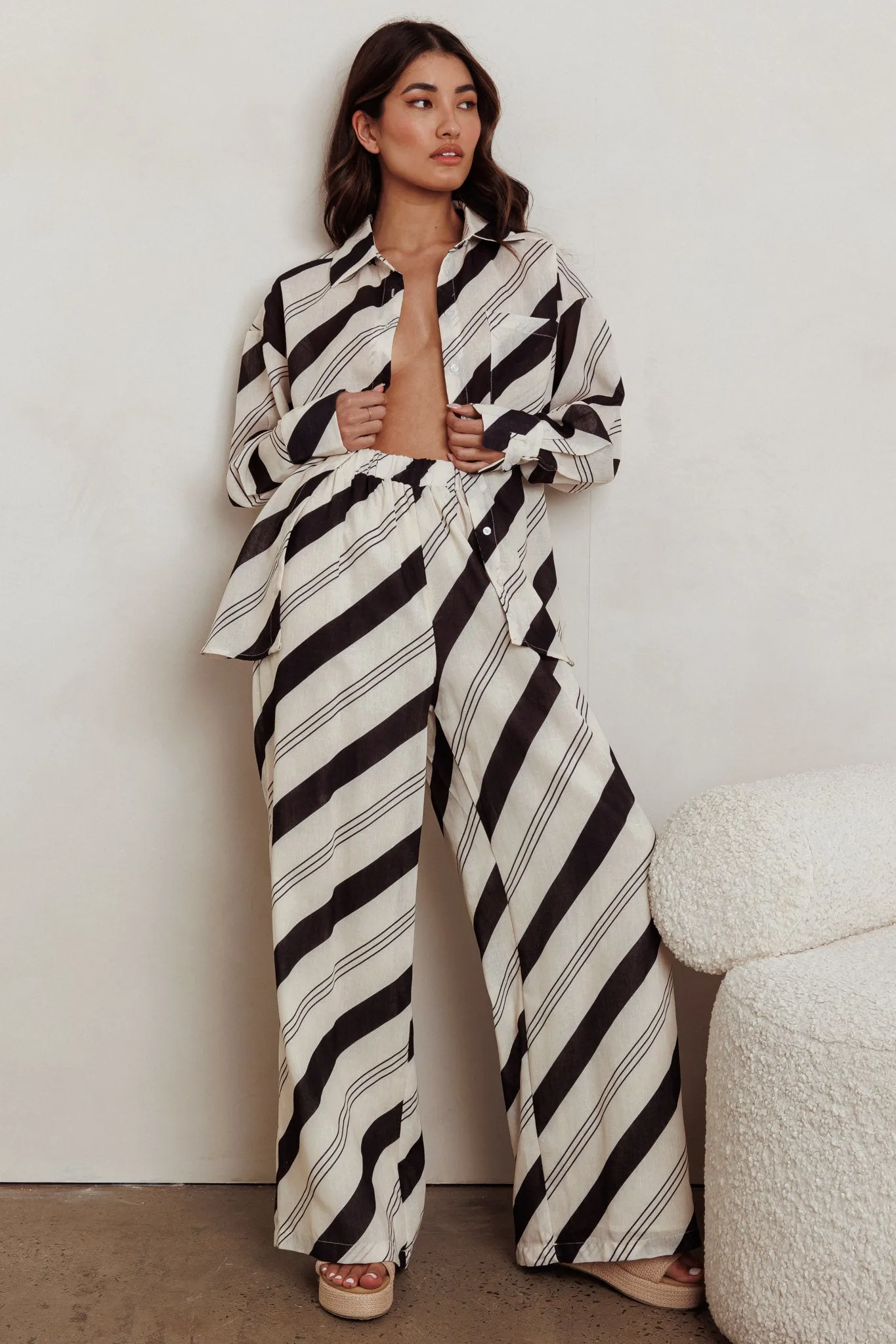 Alex Elastic Waist Striped Print Pant Black Cream