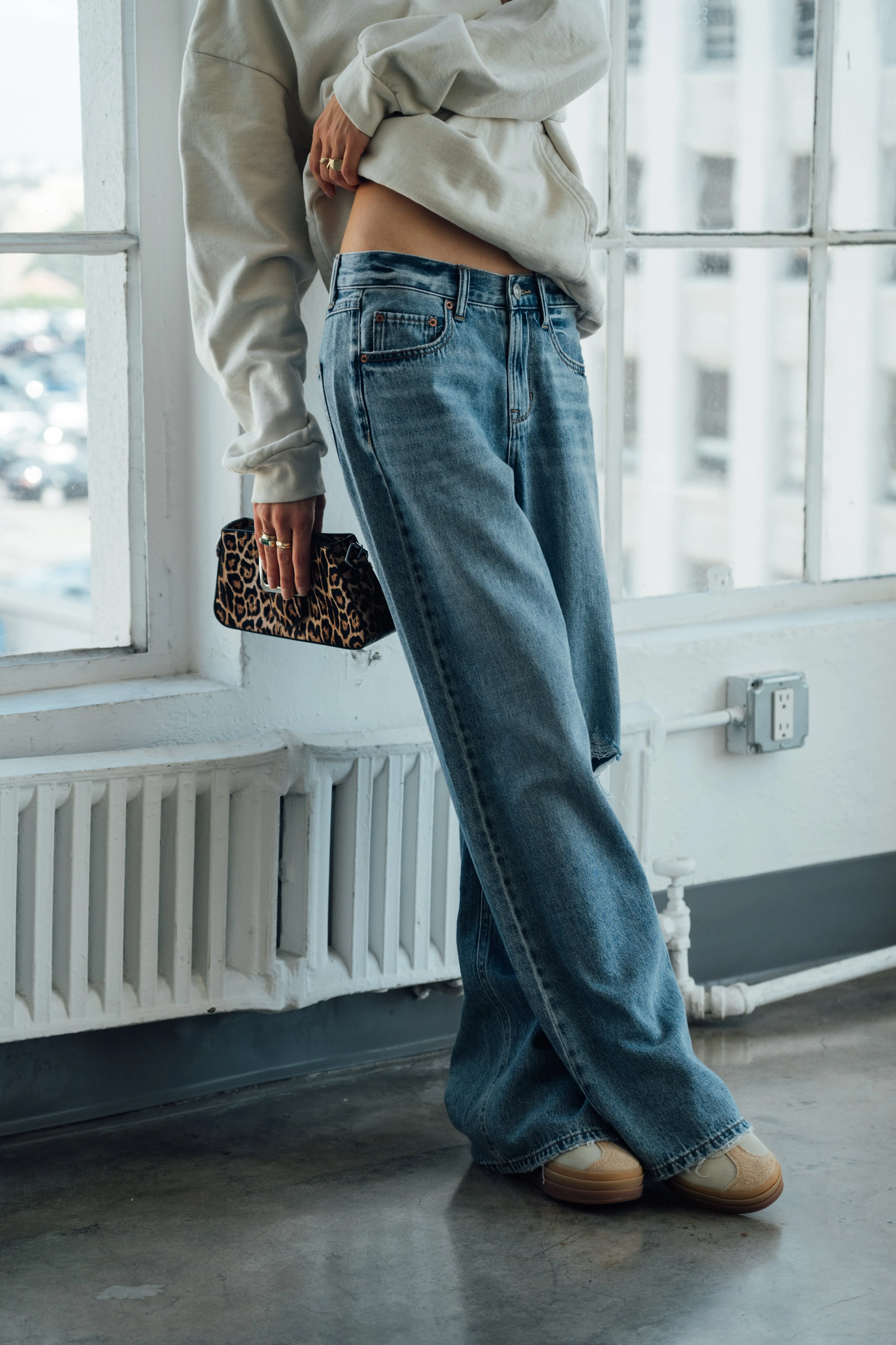 Alexa Raw Hem High Rise Jeans - Light Medium Blue/Black
