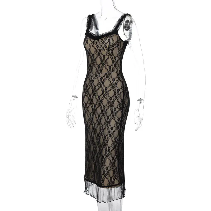 Black Lace Stylish Layered Midi Dress