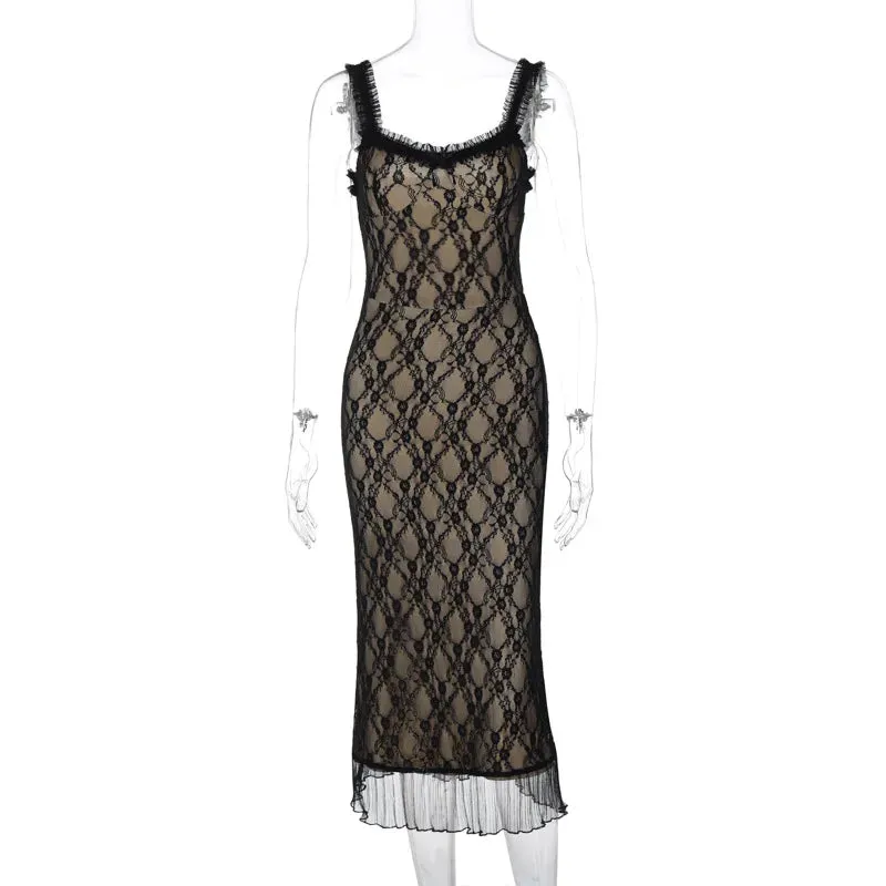Black Lace Stylish Layered Midi Dress