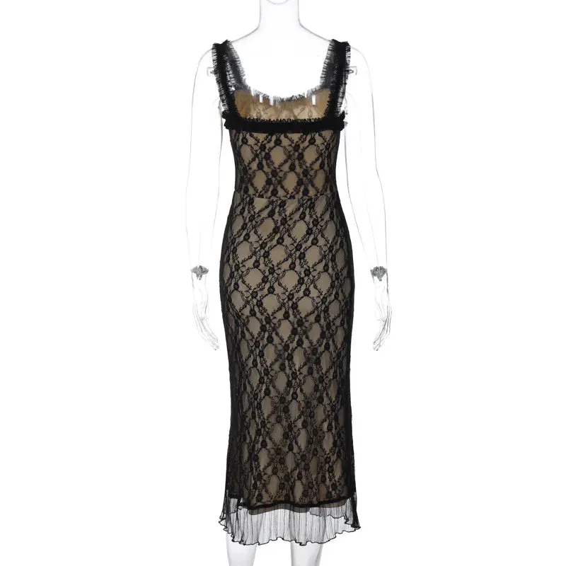 Black Lace Stylish Layered Midi Dress
