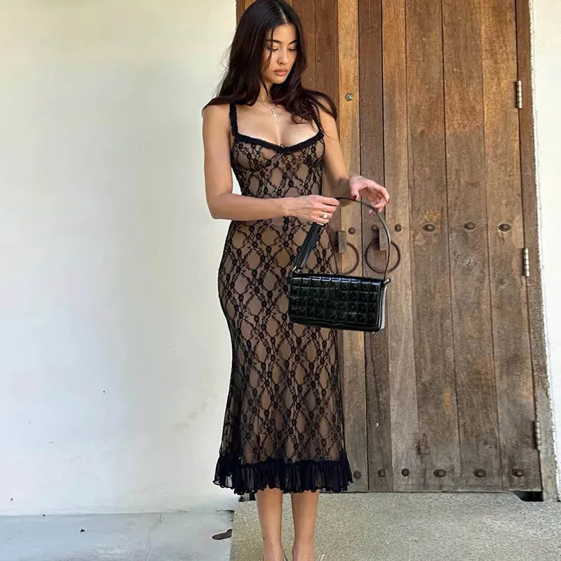 Black Lace Stylish Layered Midi Dress