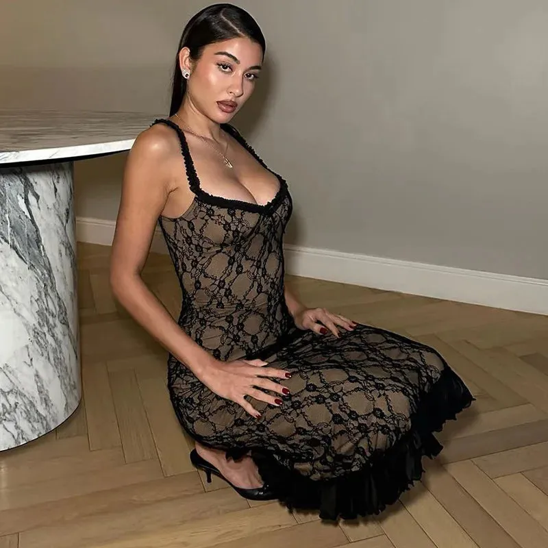 Black Lace Stylish Layered Midi Dress