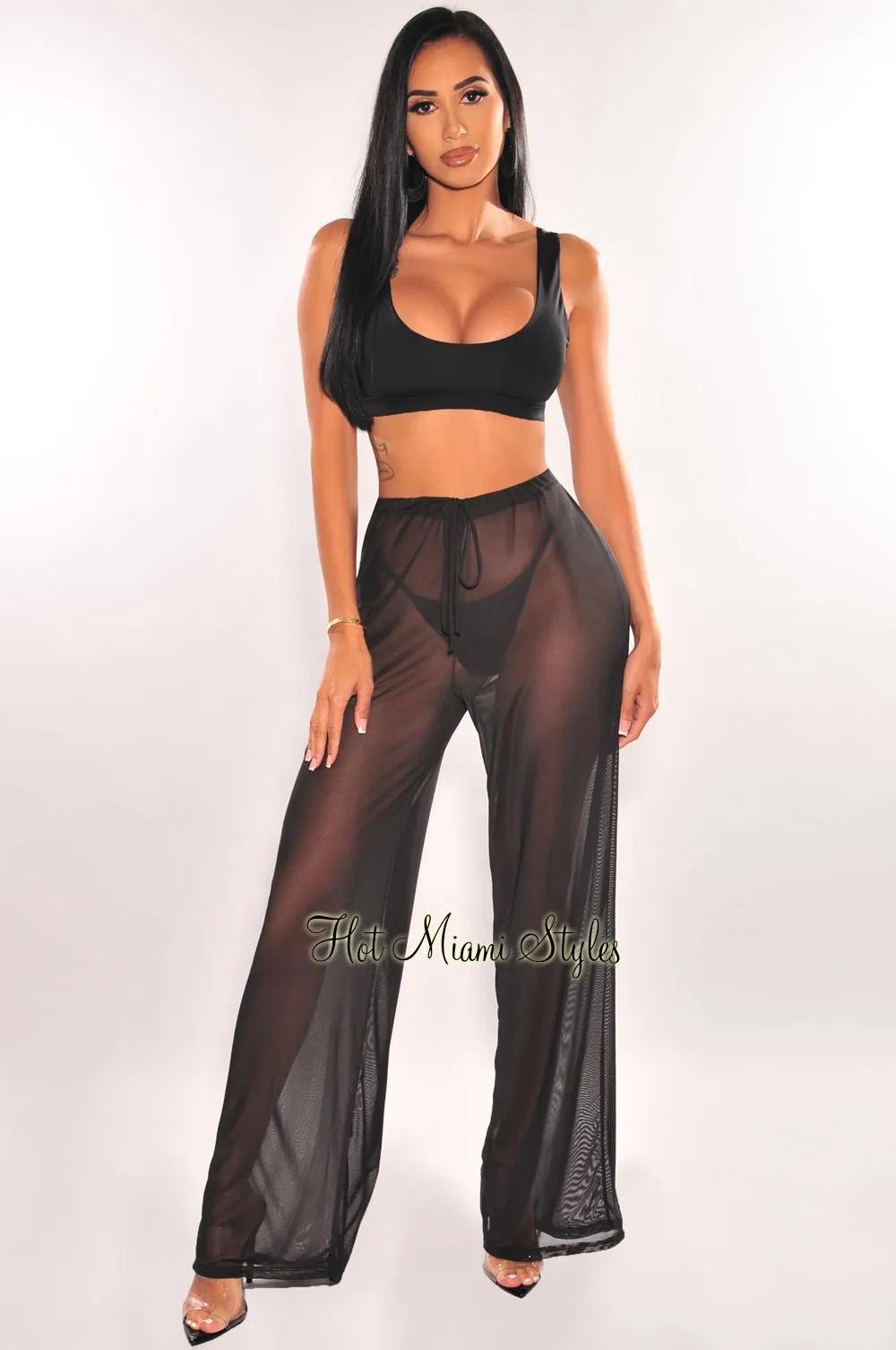 Black Mesh Drawstring Palazzo Cover Up Pants