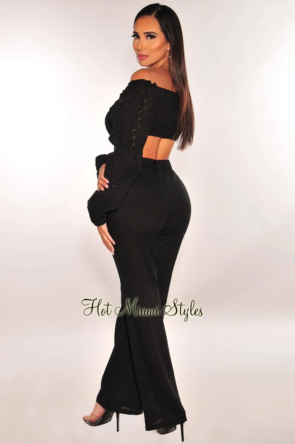 Black Peasant Tie Up Long Sleeve High Waist Palazzo Pant Two Piece Set