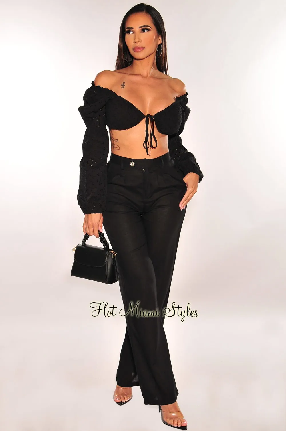 Black Peasant Tie Up Long Sleeve High Waist Palazzo Pant Two Piece Set