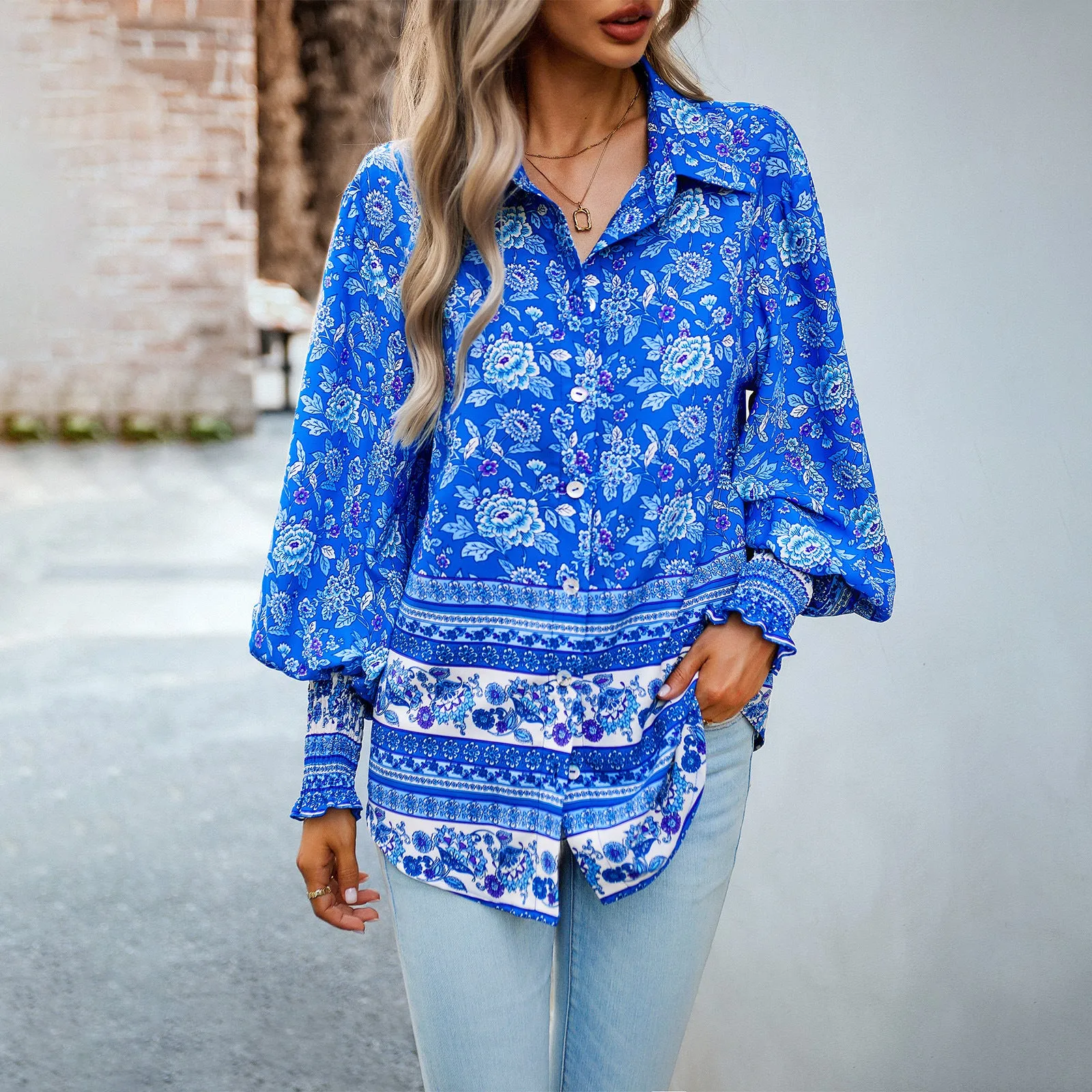 Bohemian Print Casual Balloon Sleeve Shirt Wholesale Women'S Top