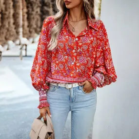 Bohemian Print Casual Balloon Sleeve Shirt Wholesale Women'S Top
