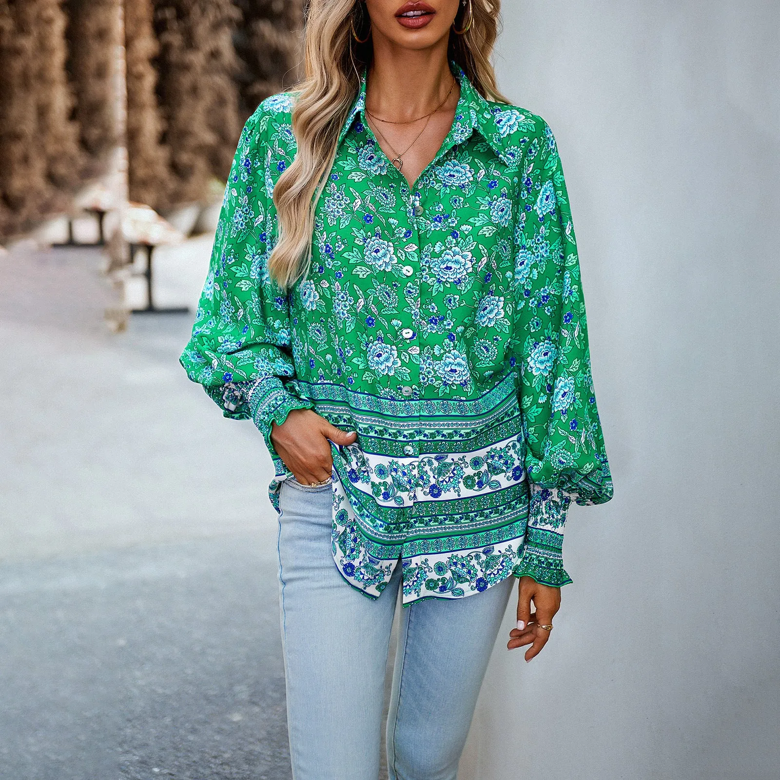 Bohemian Print Casual Balloon Sleeve Shirt Wholesale Women'S Top