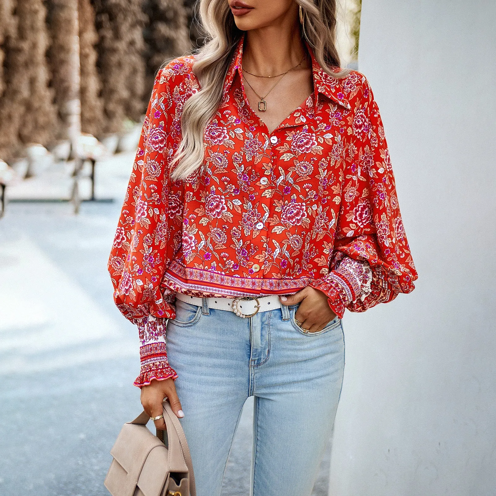 Bohemian Print Casual Balloon Sleeve Shirt Wholesale Women'S Top