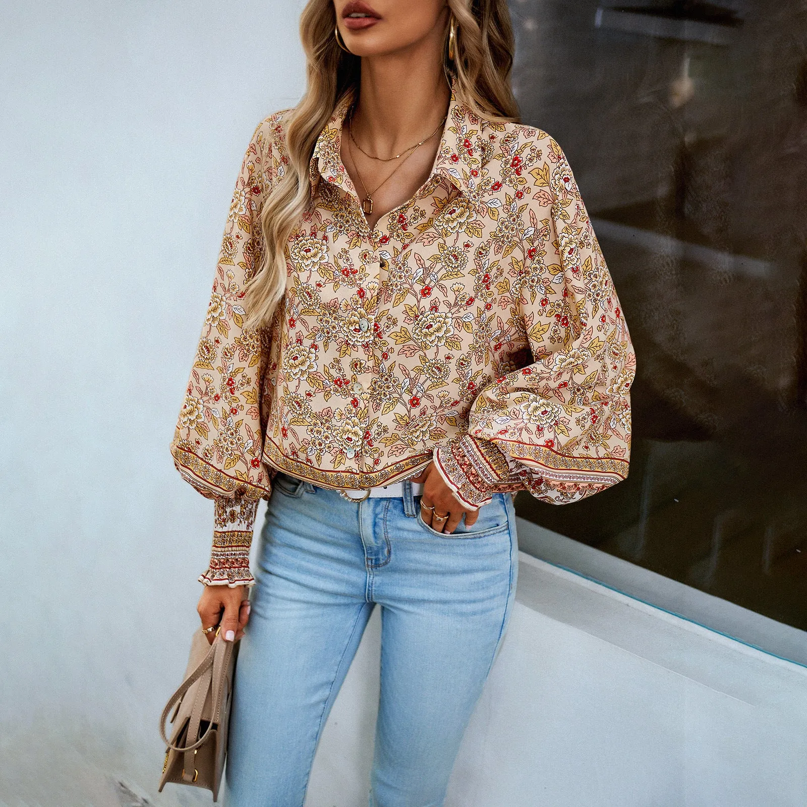 Bohemian Print Casual Balloon Sleeve Shirt Wholesale Women'S Top
