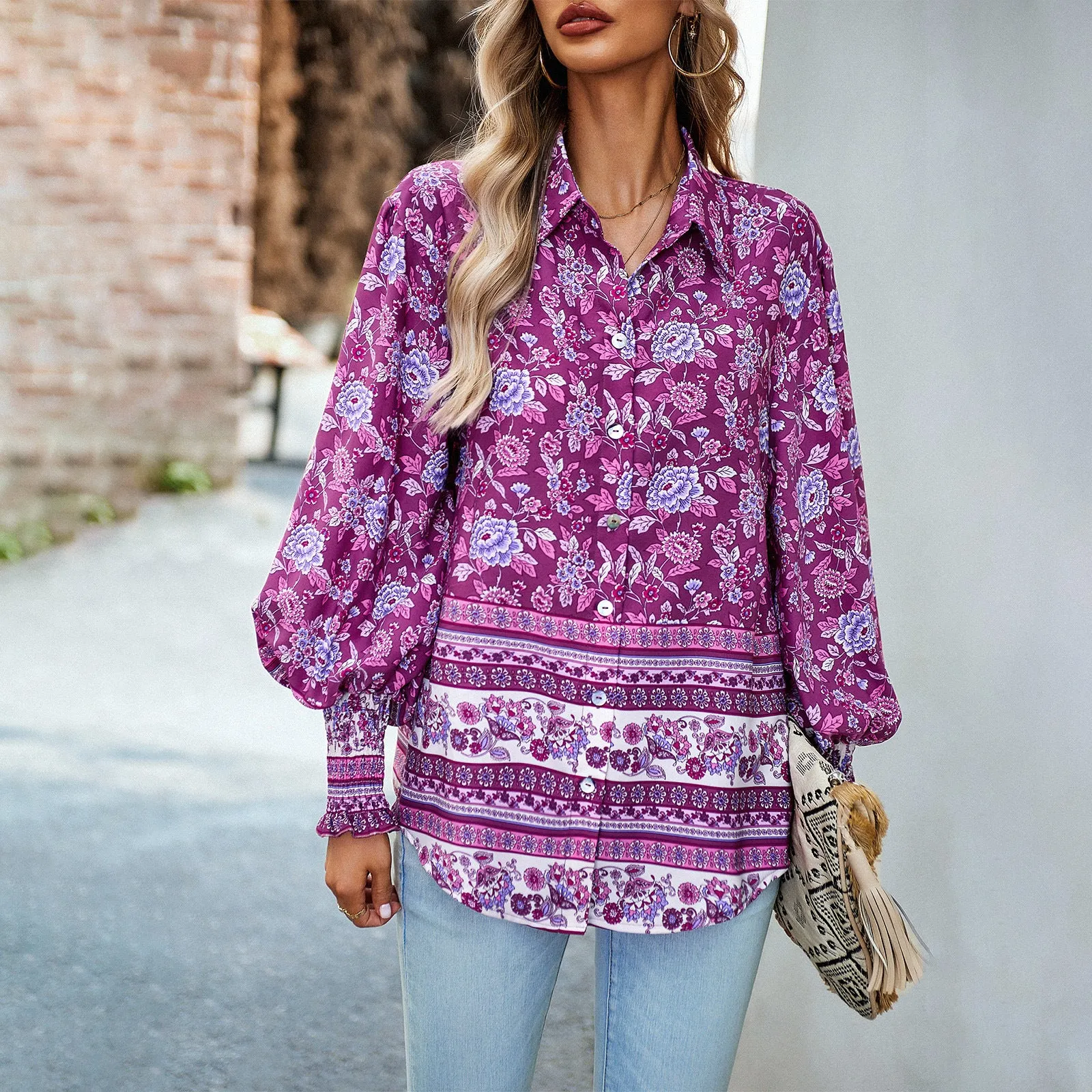 Bohemian Print Casual Balloon Sleeve Shirt Wholesale Women'S Top
