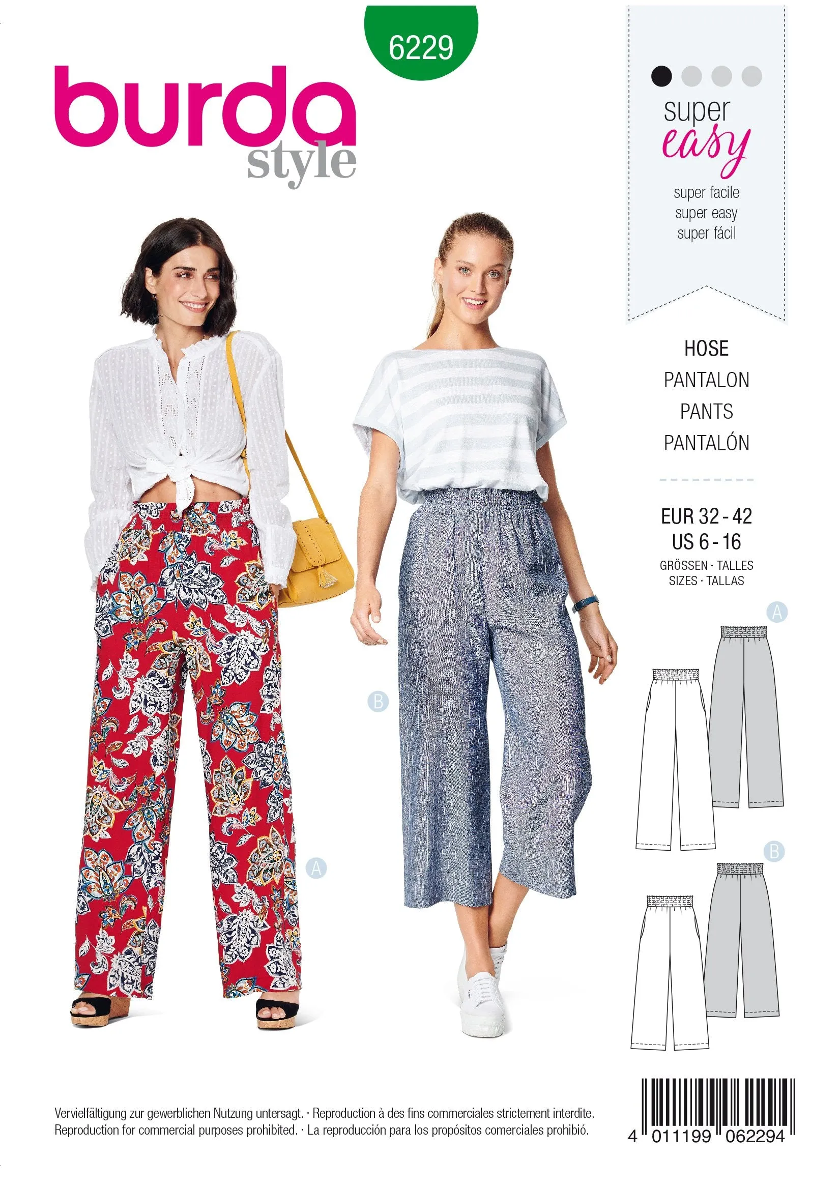 Burda Pattern 6229  Trousers with Elastic Waist
