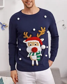 Deluxe Navy Blue Rudolph Pom-Pom Sweater