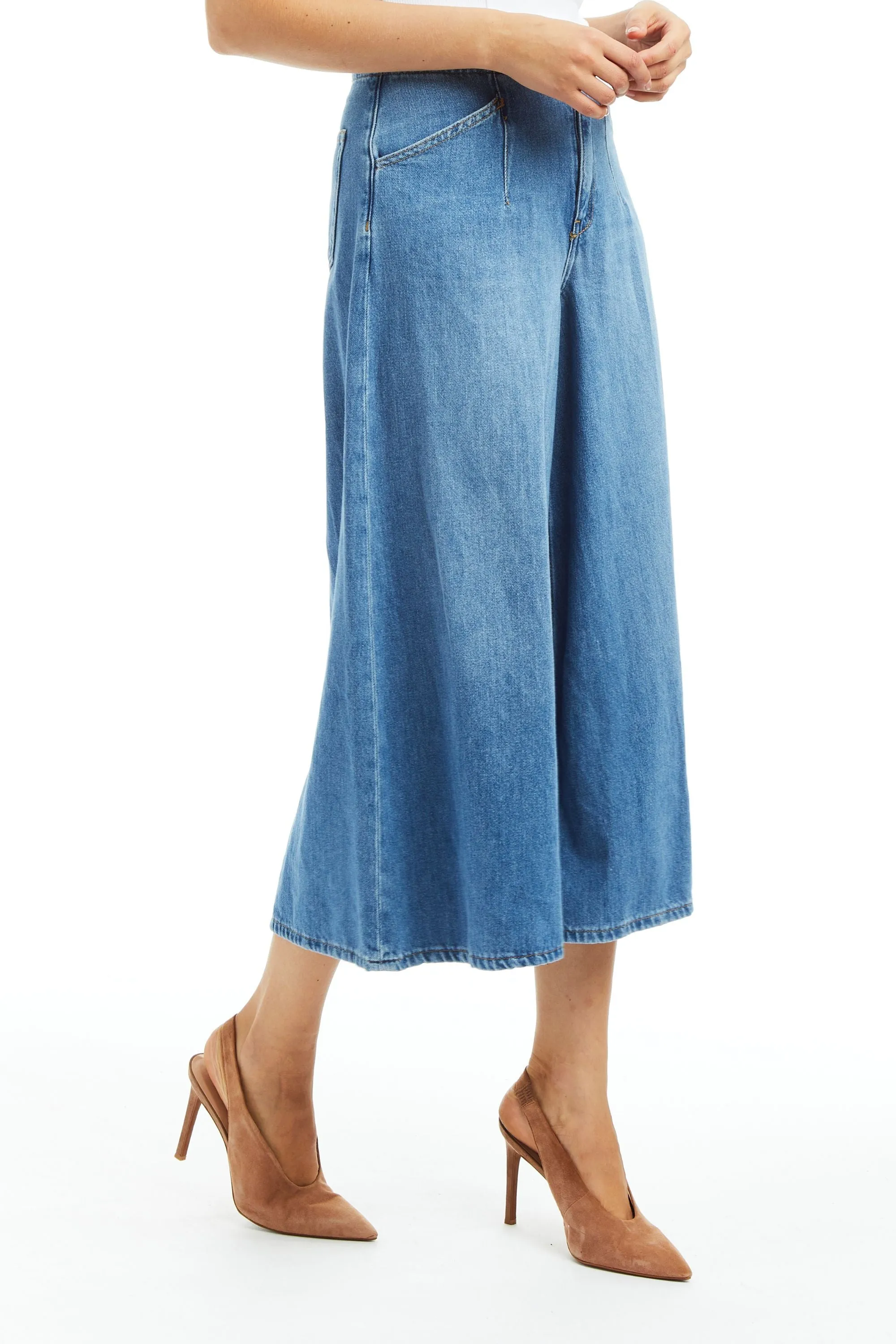 Denim Culotte With Back Waist Buckle