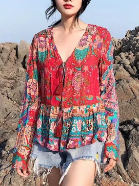 Floral Loose Long Sleeves Lace Up Blouses Shirt Bohemian Tops