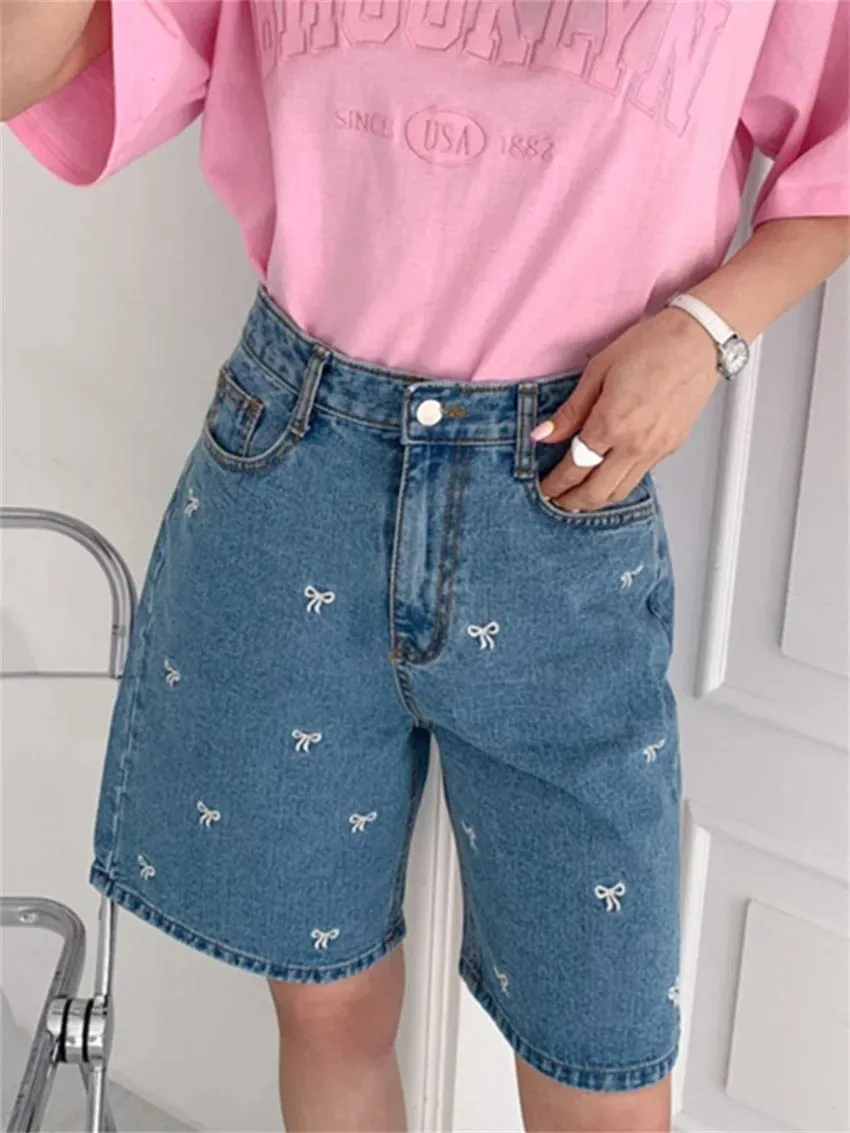 Girlary Half Pants Women Denim New High Waist Loose Embroidery 2024 Summer Daily All Match Chic Casual Office Lady Shorts