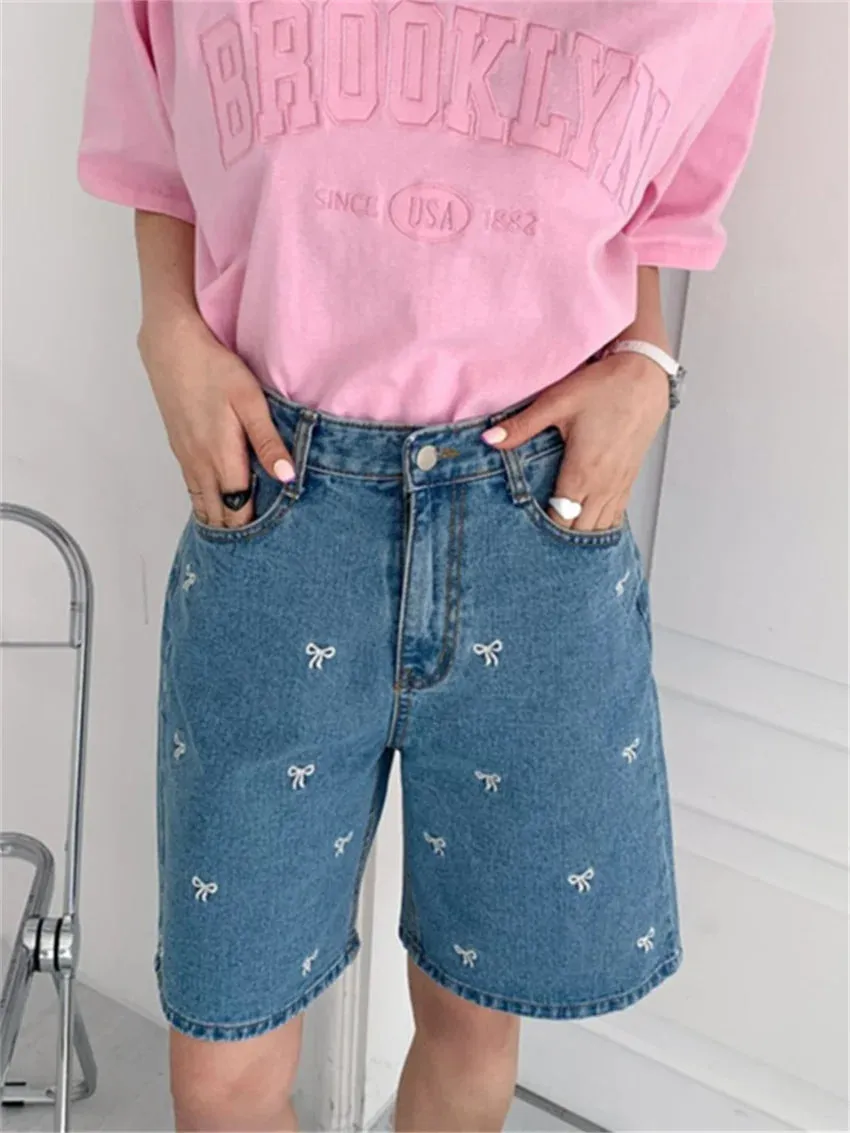 Girlary Half Pants Women Denim New High Waist Loose Embroidery 2024 Summer Daily All Match Chic Casual Office Lady Shorts