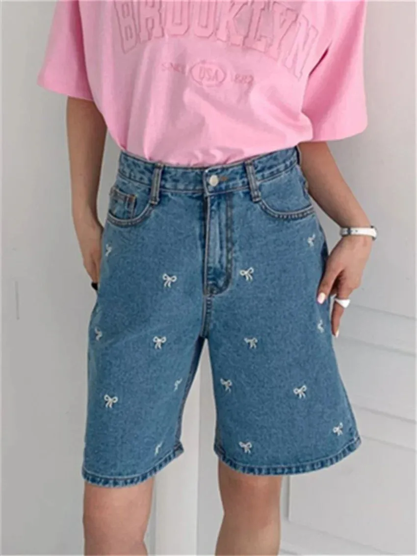 Girlary Half Pants Women Denim New High Waist Loose Embroidery 2024 Summer Daily All Match Chic Casual Office Lady Shorts