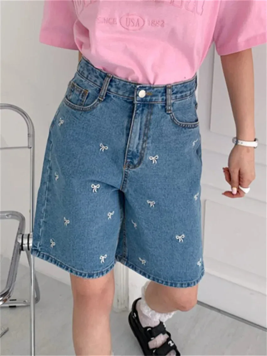 Girlary Half Pants Women Denim New High Waist Loose Embroidery 2024 Summer Daily All Match Chic Casual Office Lady Shorts