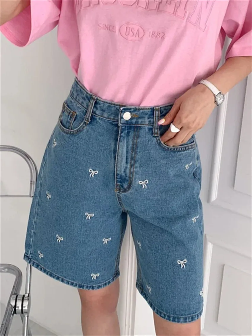 Girlary Half Pants Women Denim New High Waist Loose Embroidery 2024 Summer Daily All Match Chic Casual Office Lady Shorts