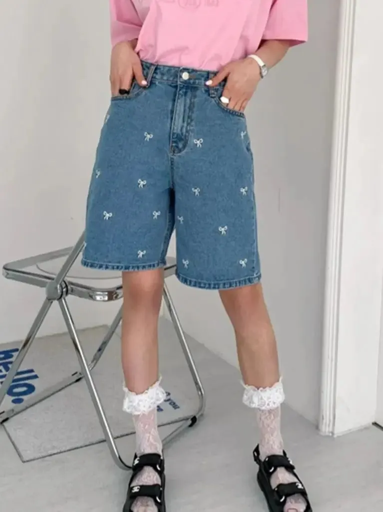 Girlary Half Pants Women Denim New High Waist Loose Embroidery 2024 Summer Daily All Match Chic Casual Office Lady Shorts