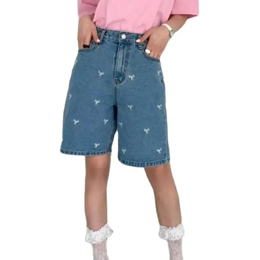 Girlary Half Pants Women Denim New High Waist Loose Embroidery 2024 Summer Daily All Match Chic Casual Office Lady Shorts