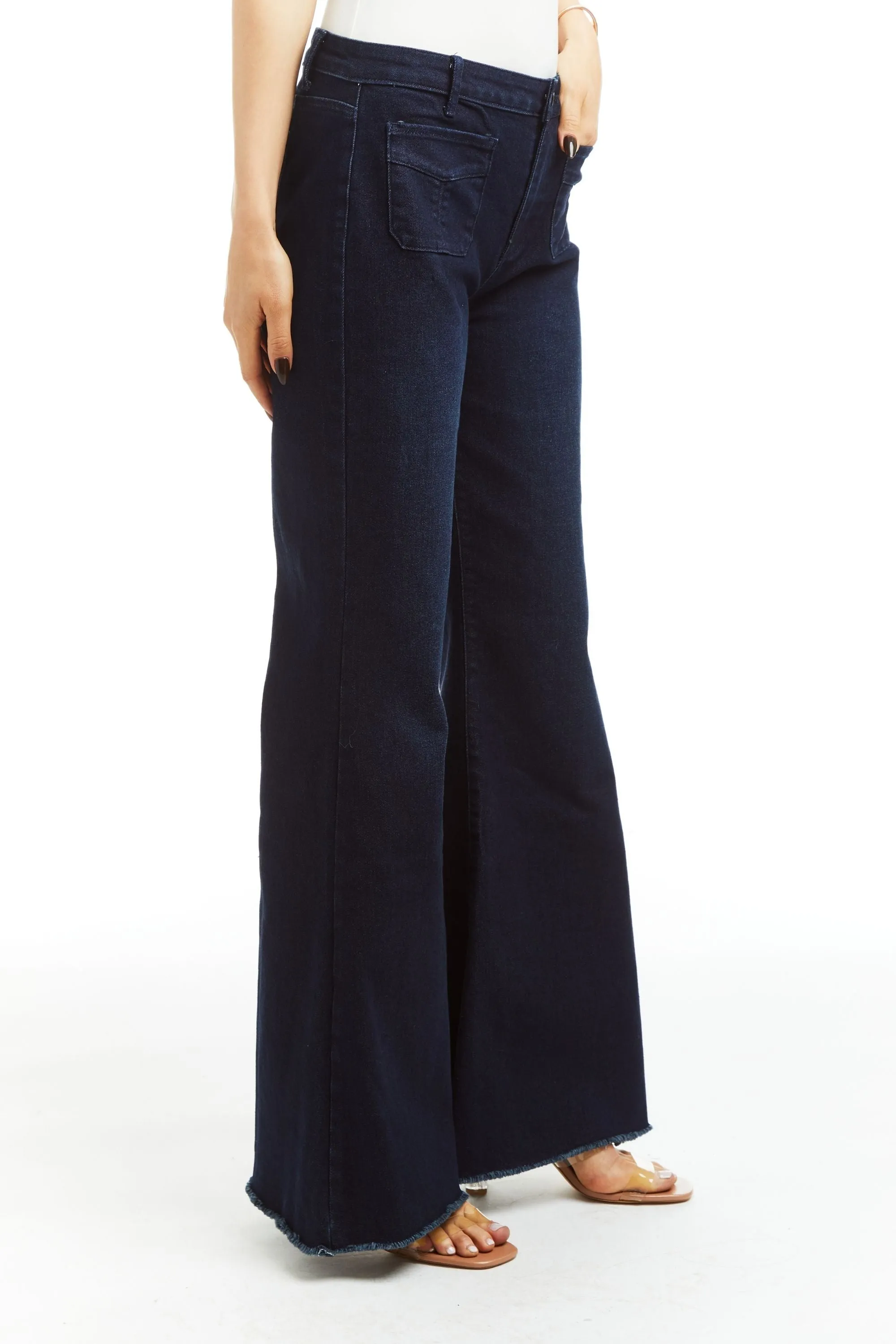 High Rise Front Patch Pocket Wide Flare Fray Hem In Dark Indigo